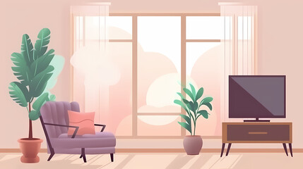 Living room interior. Comfortable sofa, window, chair and house plants. Paper cut style