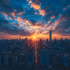 Fototapeta premium Vibrant Cityscape with Dramatic Sunset Over Skyscrapers and Modern Architecture