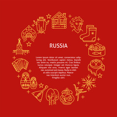 Fototapeta premium Round poster with Russian traditional symbols and place for text. Vector illustration.