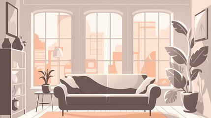 Living room interior. Comfortable sofa, window, chair and house plants. Paper cut style