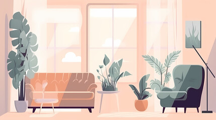 Living room interior. Comfortable sofa, window, chair and house plants. Paper cut style