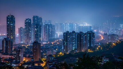 Fototapeta premium Dazzling Cityscape at Night Towering Skyscrapers Lit Up in a Lively Metropolis