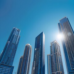 Obraz premium Sleek modern high rise buildings against a clear blue sky in the city showcasing the impressive architecture and bright sunlight