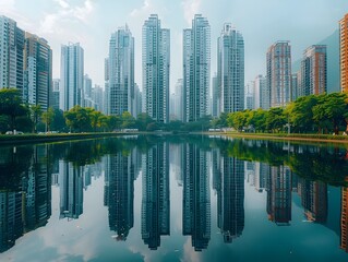 Fototapeta premium Tranquil Reflection of Skyscrapers in Serene Urban Landscape with Mirrored Waterfront