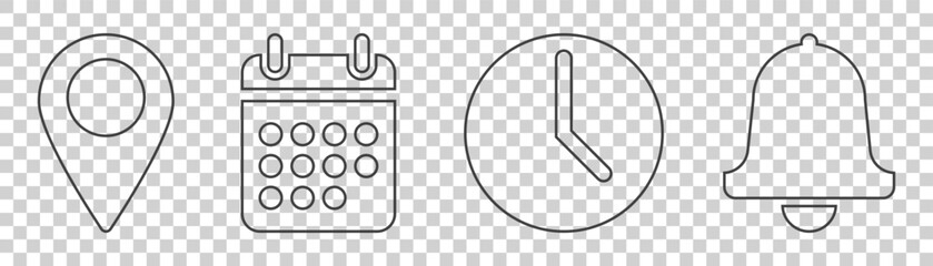 address, time, date icon on white background.