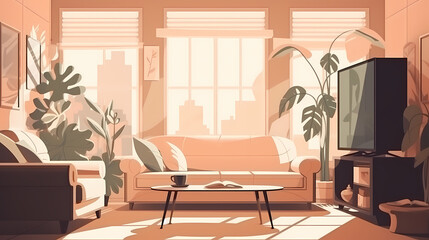 Living room interior. Comfortable sofa, window, chair and house plants. Paper cut style