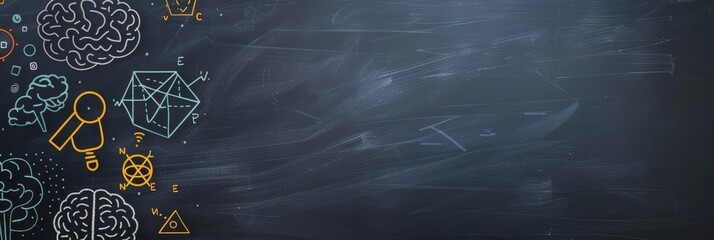 The detailed chalkboard features scientific illustrations of geometry, brain functions, and key symbols with an educational focus, including math and science topics, creating an academic environment