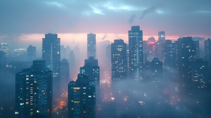 Misty Skyscraper Skyline at Dusk or Dawn in the Mysterious City Landscape