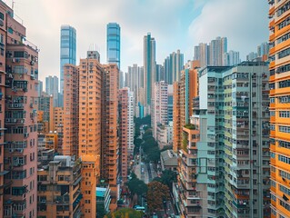 Obraz premium Bustling Cityscape from a Rooftop Terrace Overlooking a Dense Urban Landscape of Modern High Rise Buildings