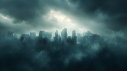 Fototapeta premium Dramatic Stormy Cityscape with Powerful Skyscrapers Against Cloudy Skyline