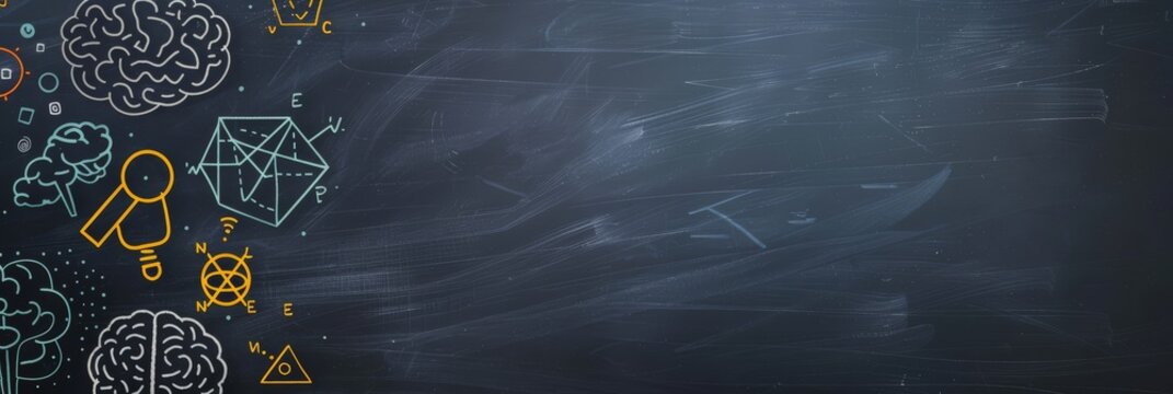 The detailed chalkboard features scientific illustrations of geometry, brain functions, and key symbols with an educational focus, including math and science topics, creating an academic environment