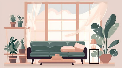 Living room interior. Comfortable sofa, window, chair and house plants. Paper cut style
