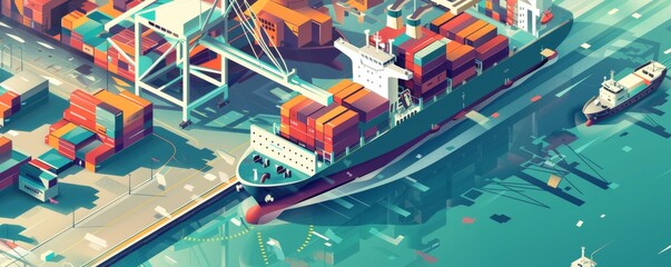 A large ship is docked at a port with several other ships in the background. The scene is calm and peaceful, with the water reflecting the sky and the ships