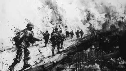 Realistic Black Ink Drawing of Soldiers on a War Torn Battlefield with Explosion