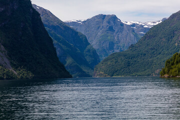 Norway Aurlang fjord on a cloudy summer day