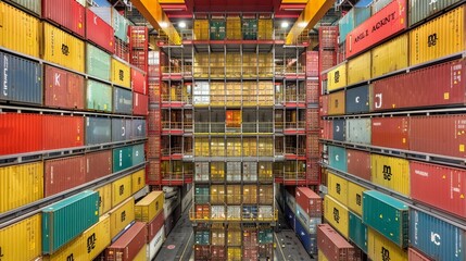 Fototapeta premium A large warehouse with many containers stacked on top of each other. The containers are of different colors and sizes