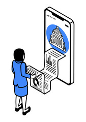 スマートフォンから情報を取得するビジネスウーマン　国会議事堂アイコン