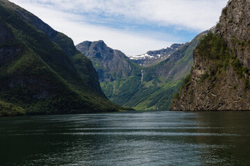 Norway Aurlang fjord on a cloudy summer day