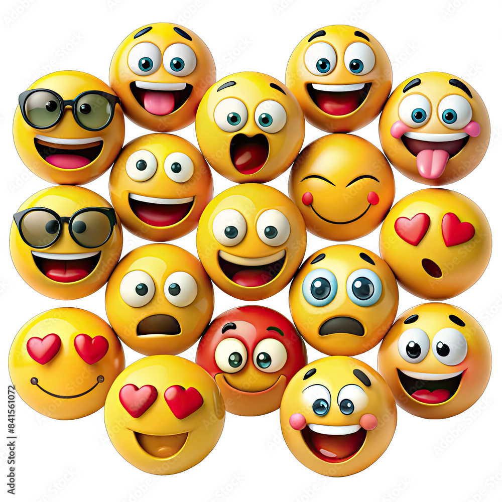 Poster a colorful collection of 3d rendered emoji, each with a unique expression, showcasing a wide range o