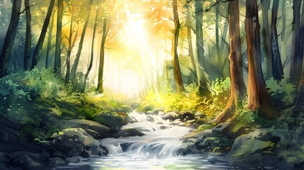 Obraz premium Serene Watercolor Forest Scene with Flowing Stream and Sunlight Filtering Through