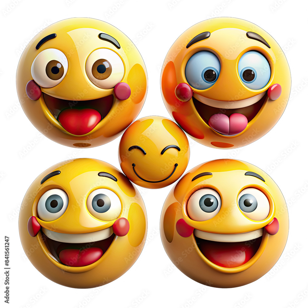 Poster an image showcasing five yellow emojis, each with a different smiling expression. these 3d emojis ar