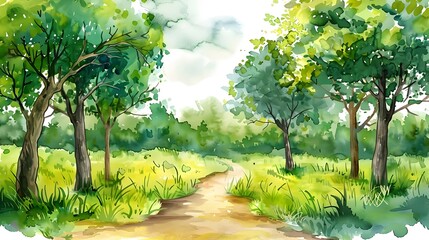 Serene Watercolor of a Winding Forest Path Through a Lush Verdant Landscape