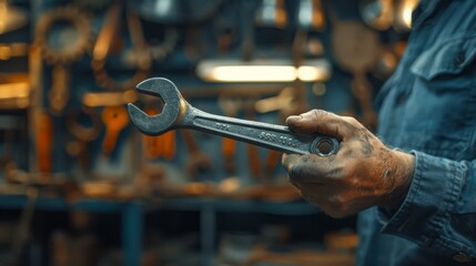 Close-Up of Mechanic Holding Wrench with Oil-Stained Hands in a Busy Workshop Setting.