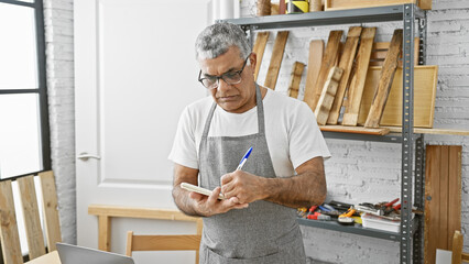 A mature man with grey hair wearing glasses and an apron writes in a notebook in a well-organized carpentry workshop.