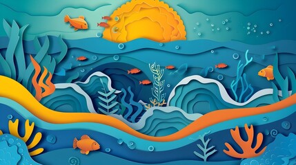 Vibrant Underwater Seascape with Waves Fish and Coral Reefs in Papercut Style