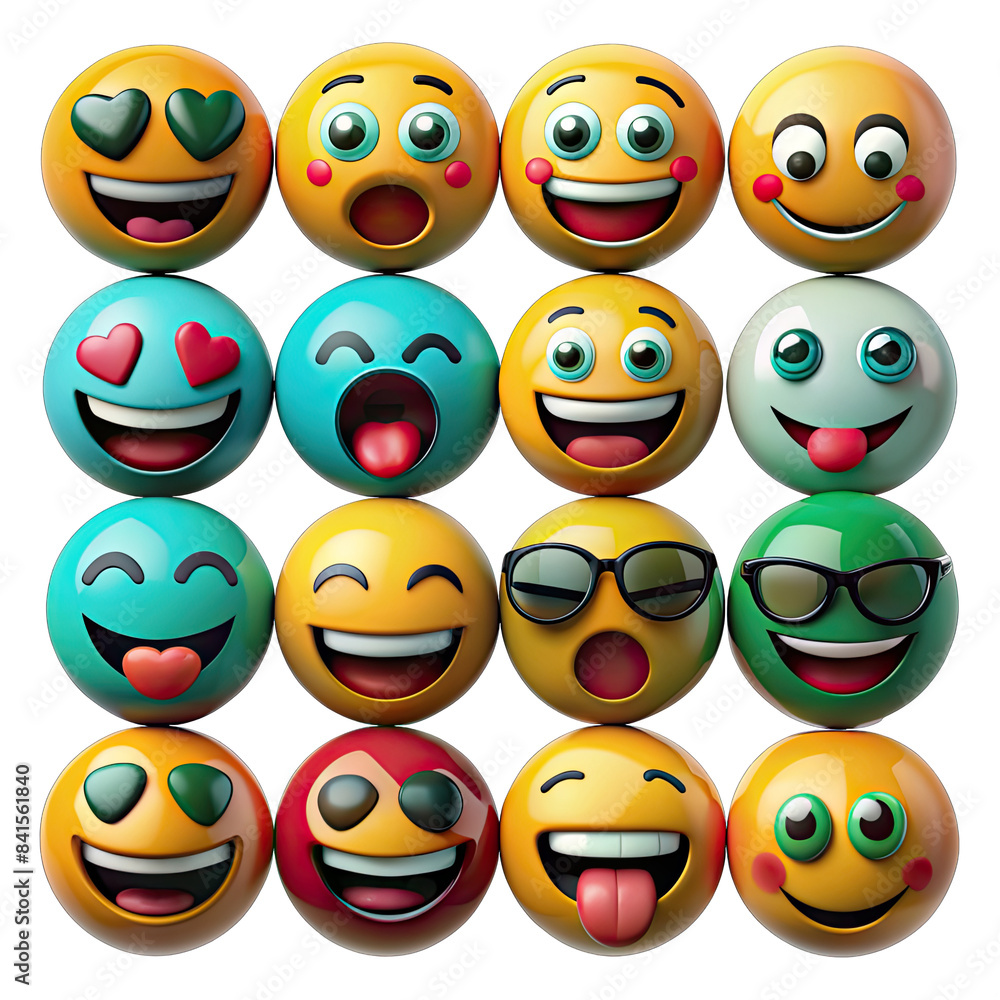Poster a collection of sixteen colorful emoji expressions, each displaying a different emotion, isolated on