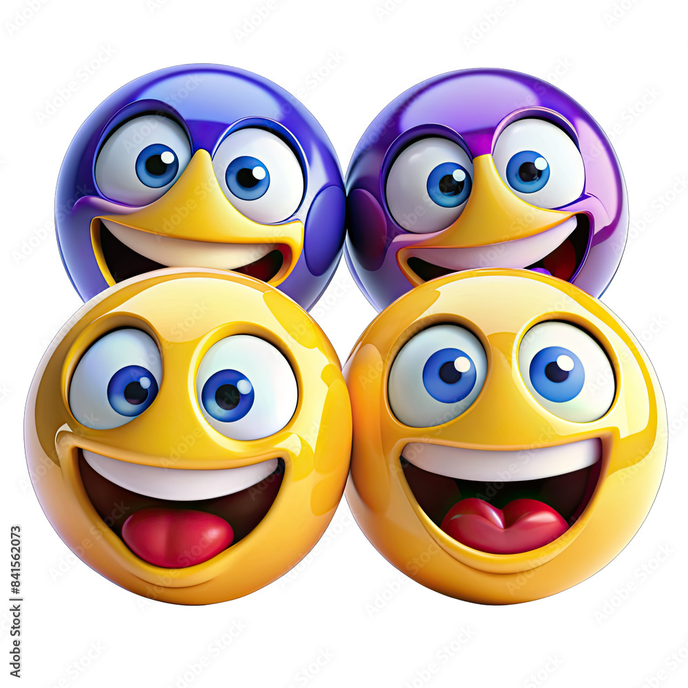 Poster a collection of four smiling emojis with various expressions. happy emoji faces on transparent backg