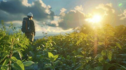 Pioneering sustainable engineering projects, engineers working on green initiatives, surrounded by natural landscapes, representing innovation and sustainability.
