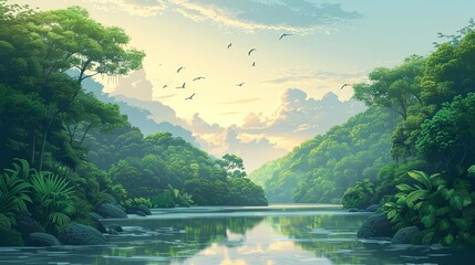 A serene river flows through an exotic rainforest