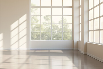 empty room with windows, An empty minimal room with large windows allowing natural light to flood the space