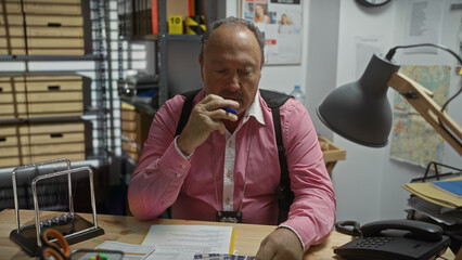 Middle-aged detective pondering over clues in a crime-filled office space.