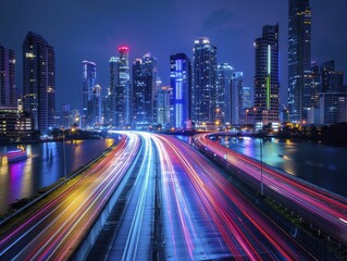 Fototapeta premium The city's skyline, ever-shifting, symbolizes innovation, time-lapse of changing lights, dynamic and innovative, shifting constantly.