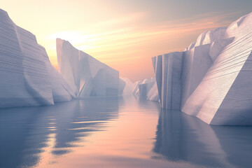 sunrise over the river, Immerse yourself in a serene, futuristic landscape featuring striking...