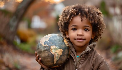 Fototapeta premium A young boy holds the world in his hands, a symbol of hope for the future.