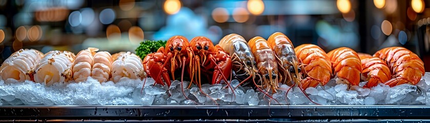 A variety of fresh seafood on ice for sale at a market.