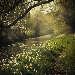 Morning by the river, in the park, and through the forest Nature's green hues, flowing waters, and serene beauty