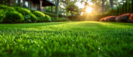 Generate a high quality image of a lush green lawn with the sun rising over it