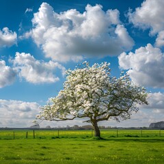Naklejka premium An apple tree blossoming in a serene countryside landscape, surrounded by lush greenery, under a clear blue sky with fluffy clouds in springtime