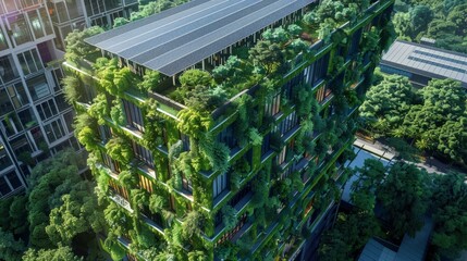 Create an image of a sustainable building covered in greenery and solar panels, emphasizing eco-friendly and innovative architectural design.