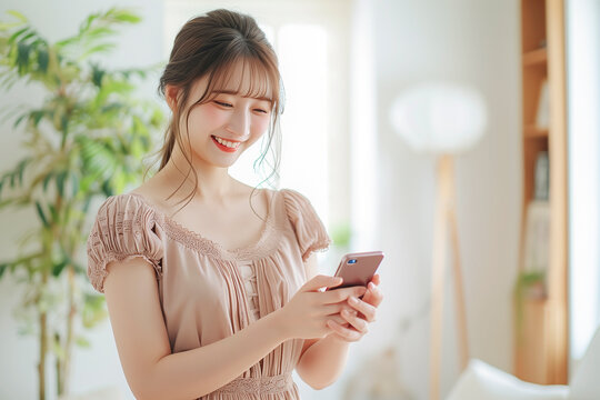 リビングでスマートフォンを使う若い女性