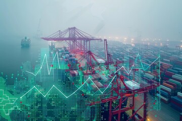 A city skyline with a red crane and a ship in the background. The skyline is filled with green and red lines, and the overall mood of the image is one of growth and progress