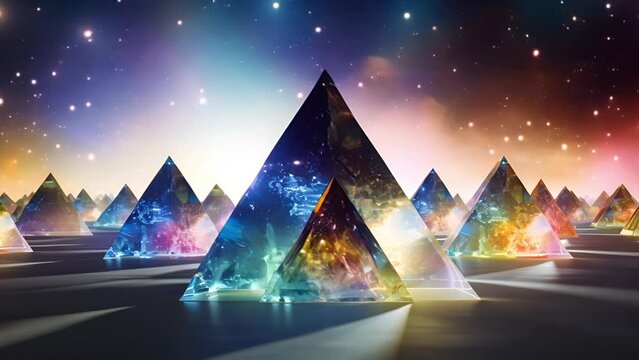 Light, triangle and prism with stars in galaxy of colorful reflection, crystal pyramid or 3D shapes. Shine, glow or geometric illusion of fragment, spectrum or abstract dimension of multiverse