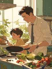 Father's Day Happy Poster Design Illustration Material Background, Father Cooking Food for Children in the Kitchen
