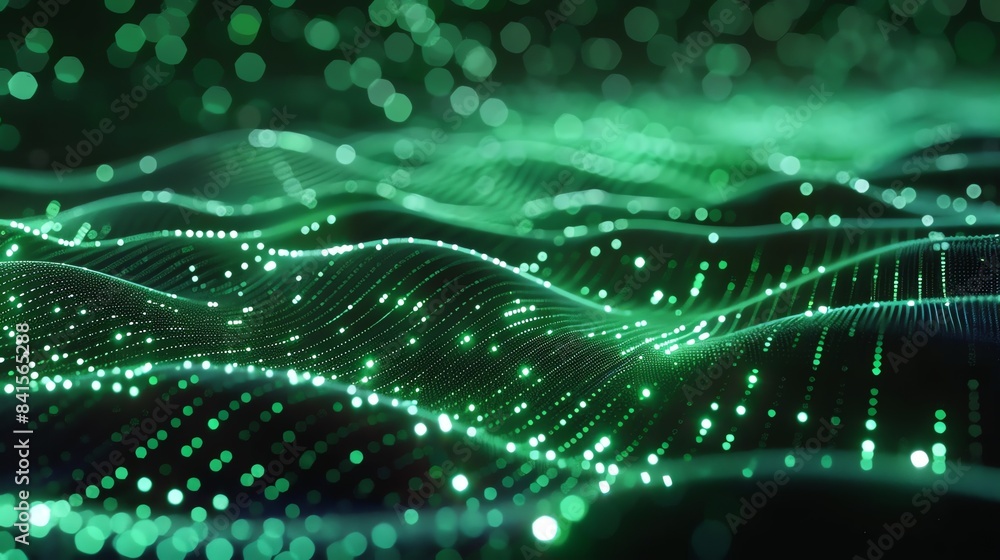Poster this is a background image of a green, glowing, digital wave. the wave is made up of many small, glo