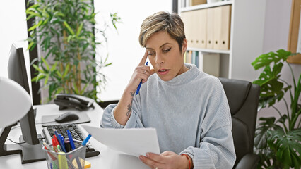 A thoughtful hispanic woman with short blonde hair reviews documents in a modern office.
