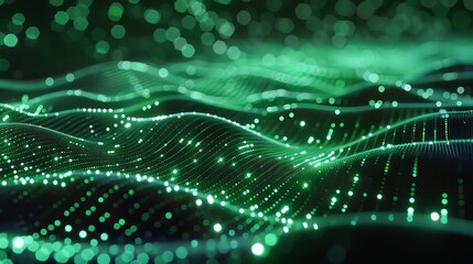 This is a background image of a green, glowing, digital wave. The wave is made up of many small, glowing dots. The wave is flowing from left to right.